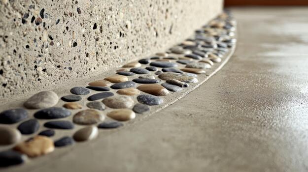 Decorative Pebble Border Next to Concrete Wall and Floor photo