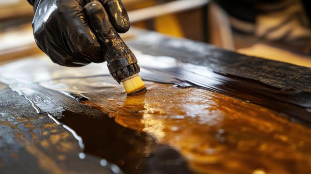 Applying Stain to Wood Surface With a Small Paintbrush photo