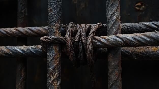 Close up of rusted metal bars intertwined with thick rope, creating a gritty, industrial atmosphere. photo