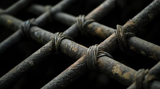 Close up of weathered metal bars entangled with rope, showcasing textures and rust. photo