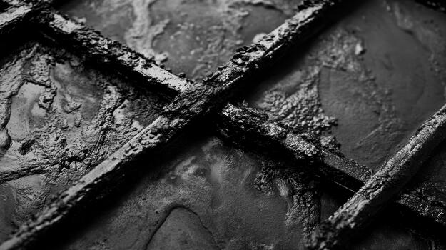 Close Up of Dark Grid Texture With Mud And Debris, Black And White photo