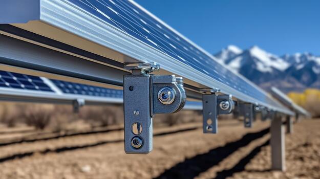 Solar Panel Array With Mountains in the Background on a Sunny Day photo