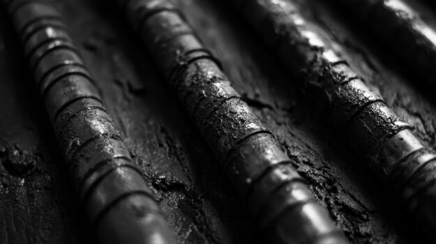 Close View Shows Black Iron Pipes in Rough Texture and Dim Light photo
