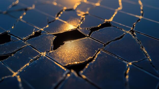 Broken Solar Panel at Dusk Shows Damaged Grid Pattern in Sunlight photo