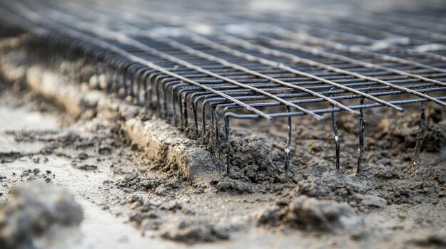 Close up of Wire Mesh in Fresh Concrete During Construction Process photo