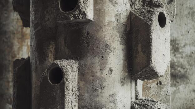 Concrete Pillar With Square Projections and Holes on a Weathered Wall photo