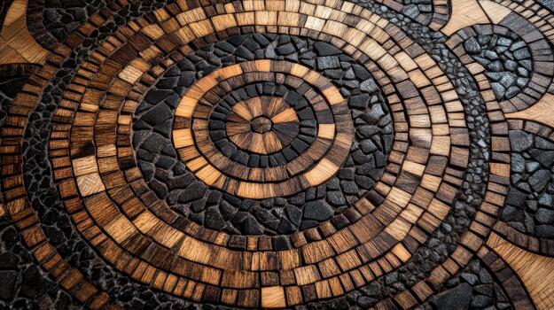 Intricate Wood Mosaic With Concentric Circles and Contrasting Textures photo