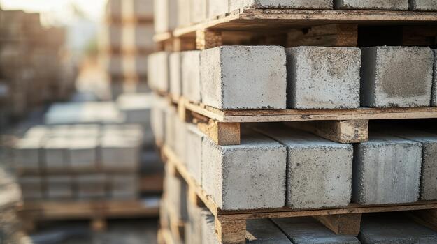 Concrete Blocks Stacked on Pallets at a Construction Site photo