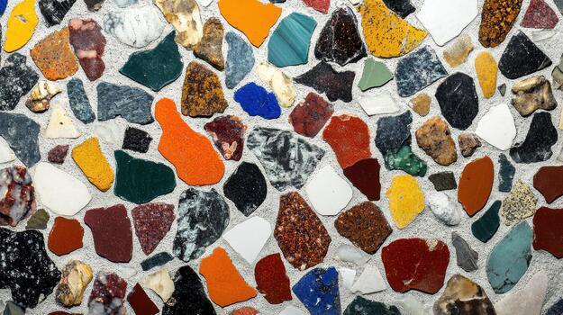 Colorful Rock Mosaic Texture of Various Shapes and Sizes Used for Construction and Decoration photo