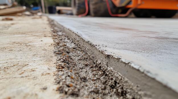 Fresh Concrete Edge After Paving With Orange Heavy Machinery Behind It photo