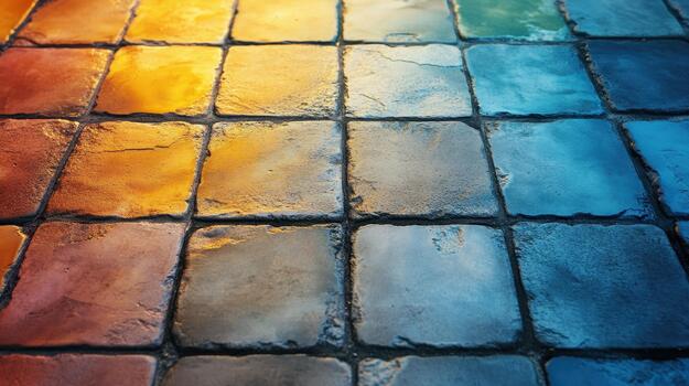 Colorful Tile Floor Shows an Arrangement of Squares in a Design Pattern photo