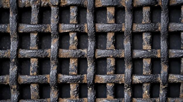 Worn Iron Bars Form Square Pattern Against Dark Backdrop for Protection photo