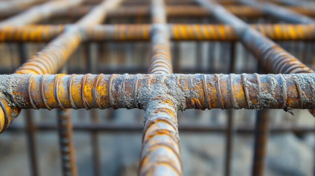 Close up Shows Rusty Rebar Grid Used in Concrete Structure Construction photo
