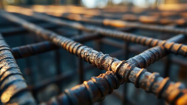 Close View of Rebar Structure Under Construction, Rusty Bars Form a Grid photo