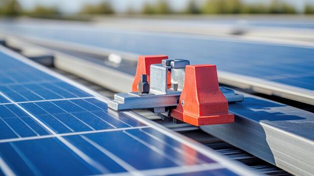 Close up of Photovoltaic Panels With Mount for Installation on Rooftop photo