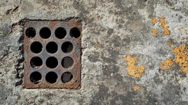Concrete Surface With Rusty Grate Shows Signs of Weather and Aging photo