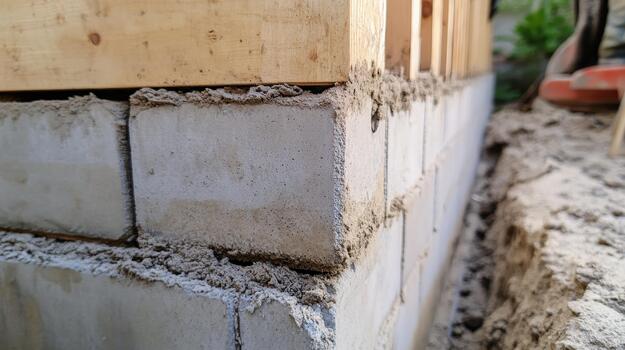 Close Up Shows Cement Block Foundation With Wood Framing On Top photo