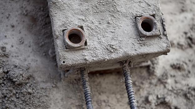 Concrete Box With Pipes and Cables Covered in Dust Against Wall Backdrop photo