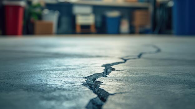 Concrete Floor Displaying a Long, Irregular Crack in Garage photo
