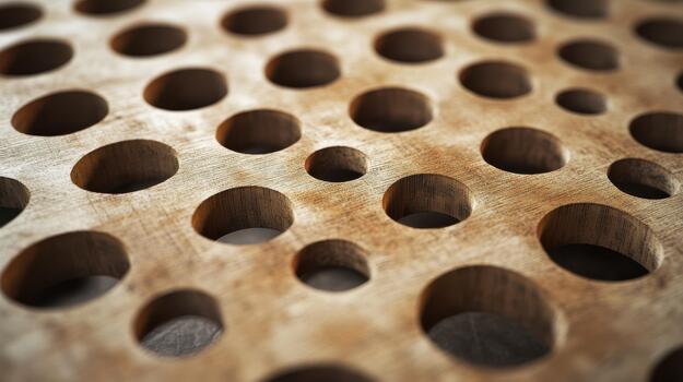 Wooden Surface With Several Different Sized Holes Drilled in It photo