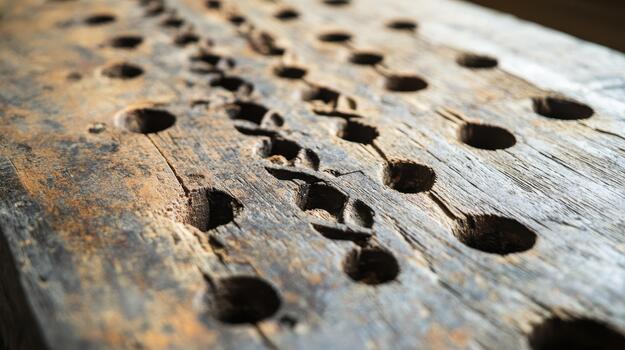 Old Wooden Surface With a Series of Drilled Holes Creates a Textured Pattern photo