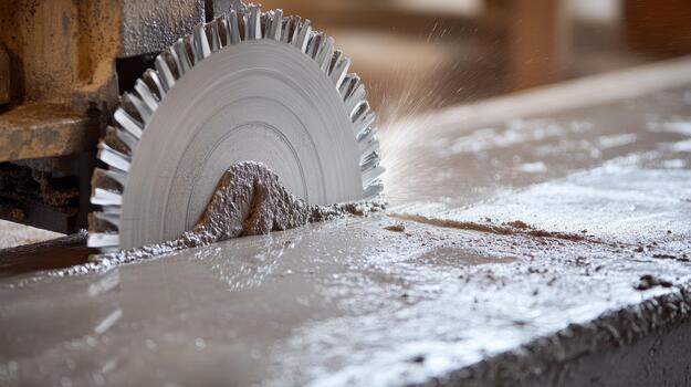 A close up of a circular saw cutting through wet concrete, showcasing precision and craftsmanship. photo