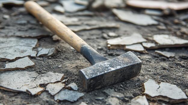 Sledge Hammer Rests on Broken Tiles During House Demolition photo