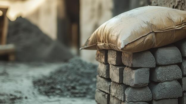 Cement Bag Rests Atop Stack of Bricks on Construction Site photo