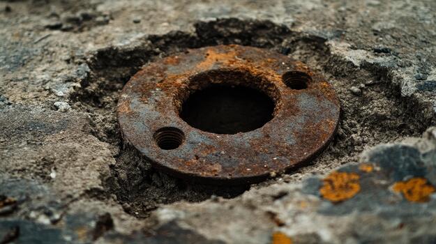 Rusty Metal Flange Embedded in Weathered Concrete, Close up View photo