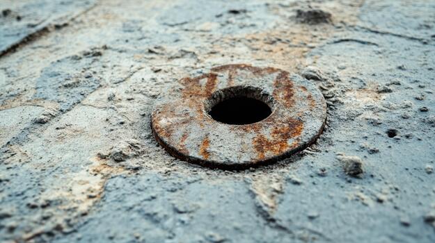 Rusty Metal Ring Embedded in Old Weathered Concrete Surface photo