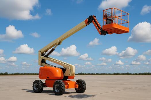 Orange Aerial Work Platform on Flat Concrete Surface Under Partly Cloudy Sky photo