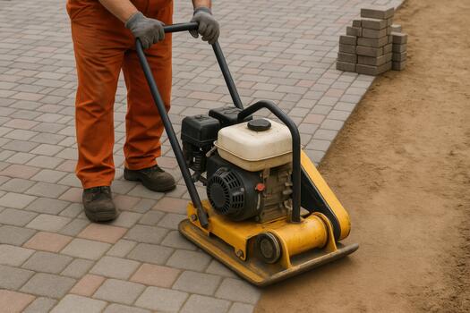 Worker Compacting Soil With Plate Compactor Before Laying Pavers photo