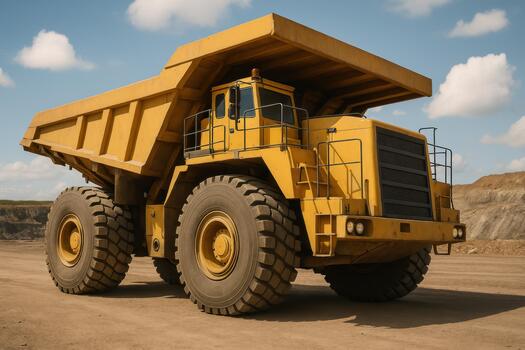 Heavy Construction Vehicle Sits at a Mine on a Sunny Day With Clouds photo