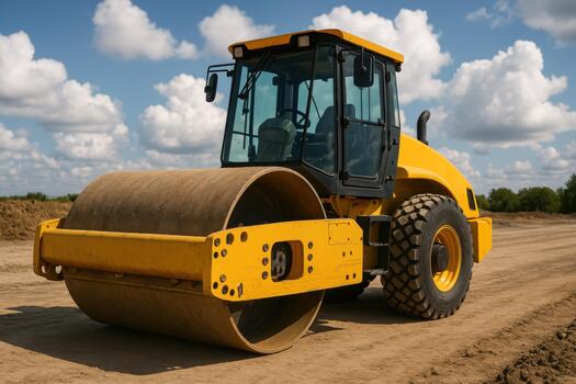 Yellow Soil Compactor Sits on a Construction Site Under a Blue, Cloudy Sky photo