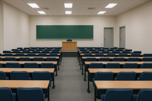 Empty Classroom With Rows of Blue Chairs Facing a Green Chalkboard and Podium photo