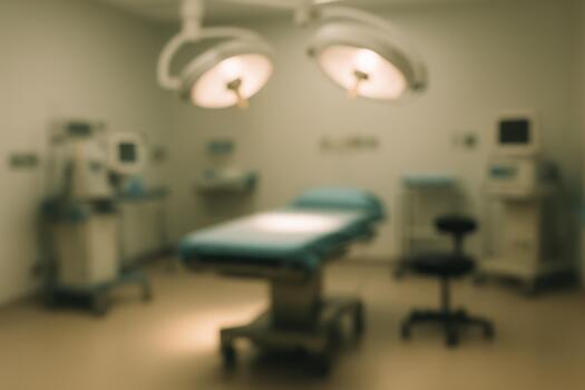 Blurred View of an Operating Room With Surgical Lights and Equipment photo