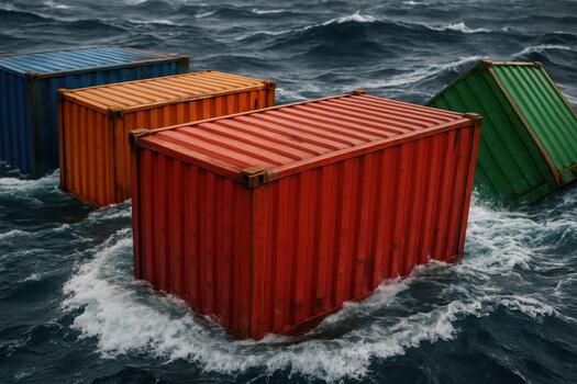Lost Shipping Containers Float on a Stormy Ocean Surface at Sea photo