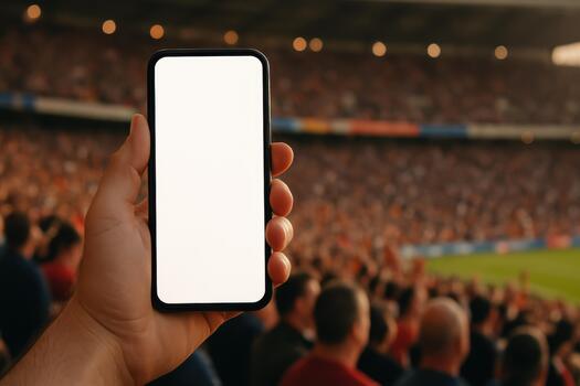 Person Holding Smartphone With Blank Screen at Sporting Event in Stadium photo