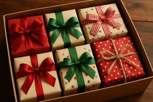 Assortment of Colourful Wrapped Presents Sit Inside of Cardboard Box photo