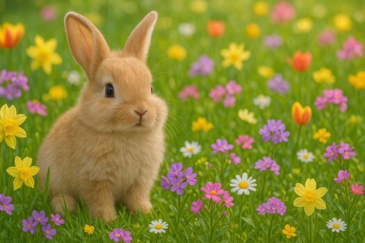 Cute Bunny Sitting in Flower Field During Spring or Easter Time photo