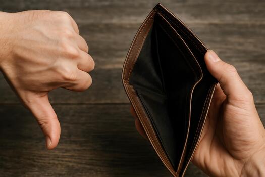 Man Shows Empty Wallet And Gives Thumbs Down On Wood Surface photo