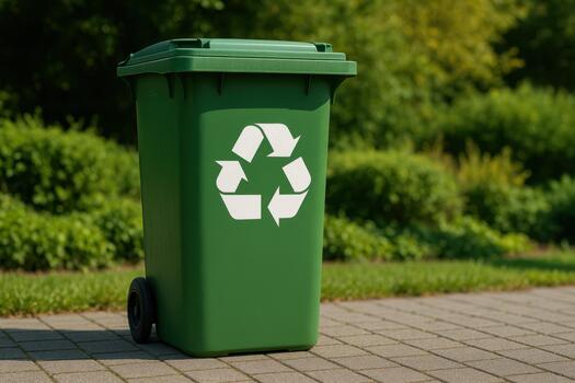 Green Recycling Bin on a Stone Path With Trees in Background photo
