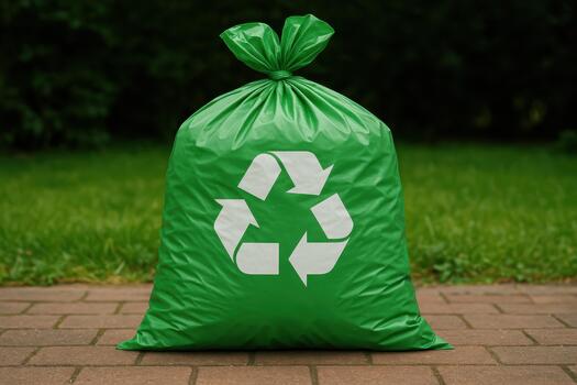 Green Bag With Recycle Symbol Sits on Stone Path in the Park photo