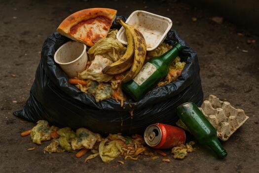 desbordante basura bolso lleno con descartado comida y vaso botellas en hormigón foto