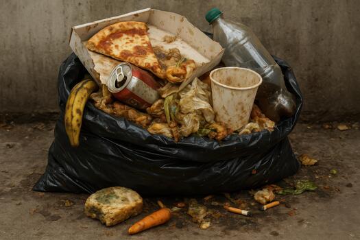 desbordante basura bolso con comida residuos y basura en el sucio hormigón foto