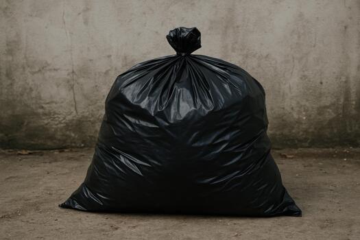 Black Garbage Bag Sits on Concrete Surface in Dim Light photo