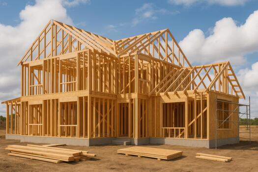 House Under Construction Showing Framing on a Sunny Afternoon in Summer photo