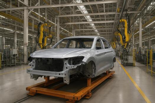 Silver Car Body on Platform in Bright Vehicle Assembly Factory photo