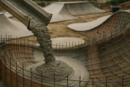 Pouring Concrete Into Form for New Skatepark Construction photo