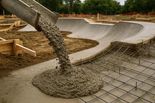 Pouring Fresh Concrete Into Form With Rebar at Skate Park Construction Site photo